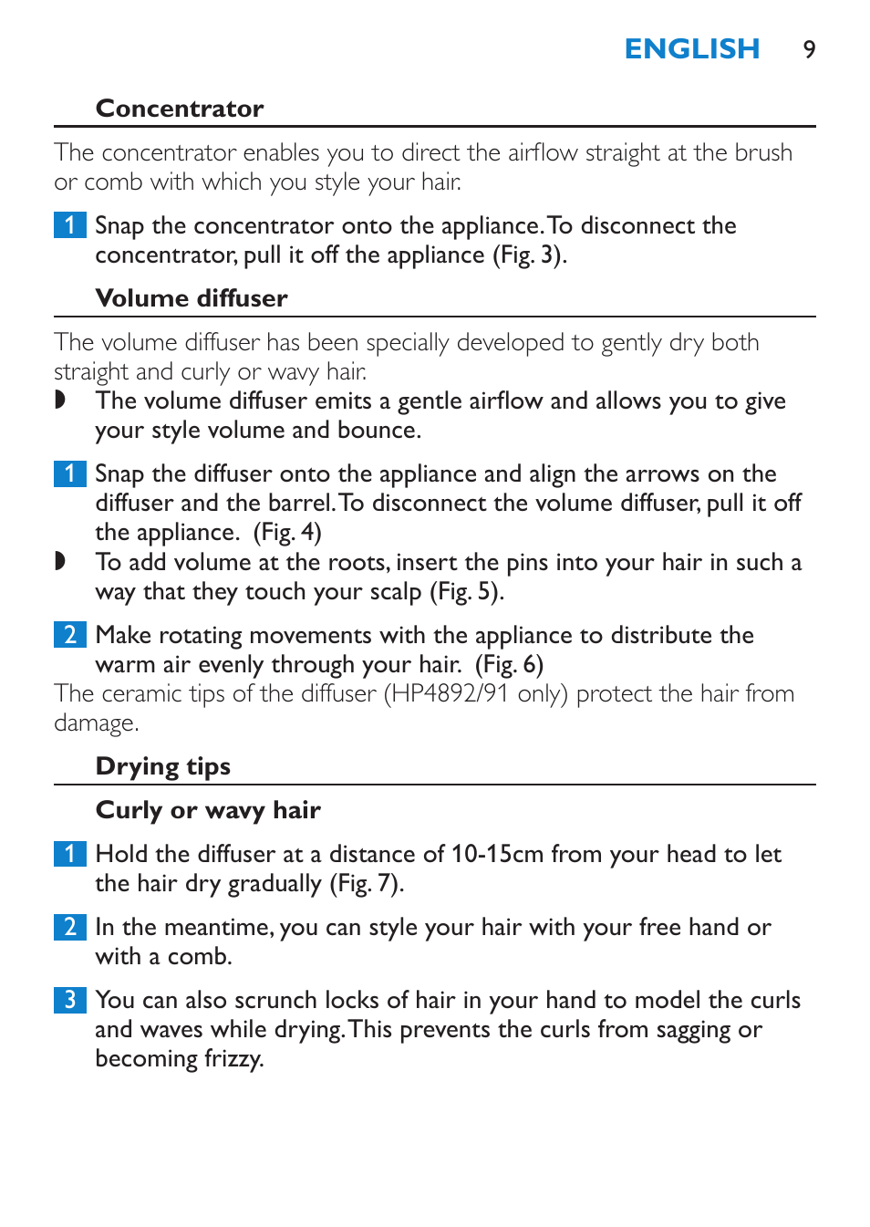 Concentrator, Volume diffuser, Drying tips | Curly or wavy hair | Philips SalonPro AC Secador User Manual | Page 9 / 96