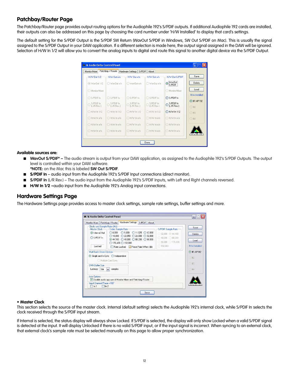 Patchbay/router page, Hardware settings page | Audiophile Systems 192 User Manual | Page 13 / 88