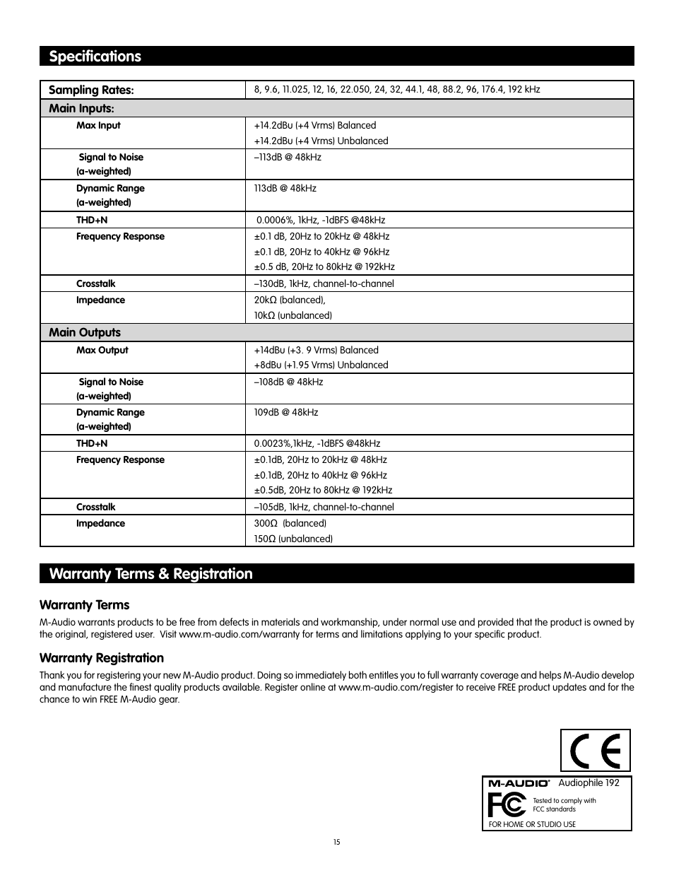 Specifications, Warranty terms & registration, Speciﬁcations | Warranty terms, Warranty registration | Audiophile Systems 192 User Manual | Page 16 / 88