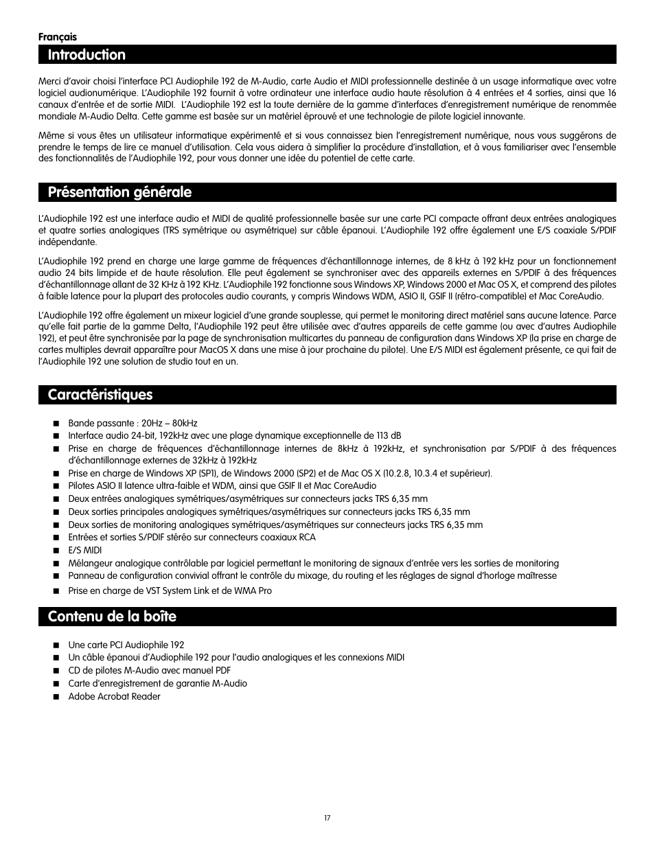 Français, Introduction, Présentation générale | Caractéristiques, Contenu de la boîte | Audiophile Systems 192 User Manual | Page 18 / 88