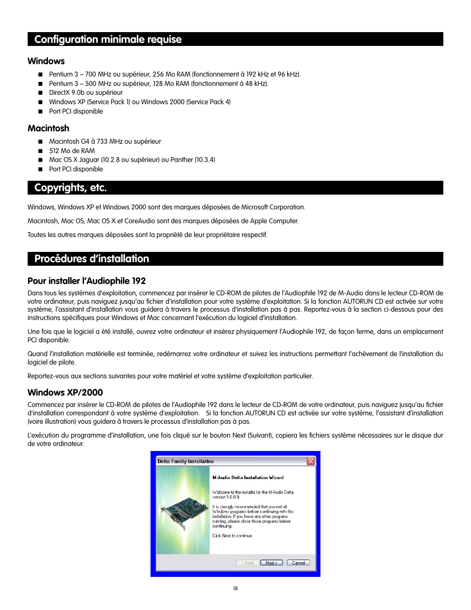 Configuration minimale requise, Copyrights, etc, Procédures d’installation | Conﬁguration minimale requise | Audiophile Systems 192 User Manual | Page 19 / 88