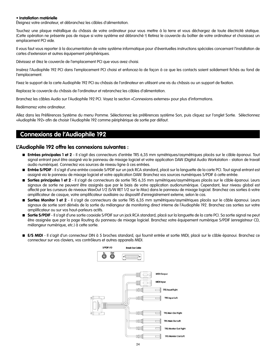 Connexions de l’audiophile 192, L’audiophile 192 offre les connexions suivantes | Audiophile Systems 192 User Manual | Page 25 / 88