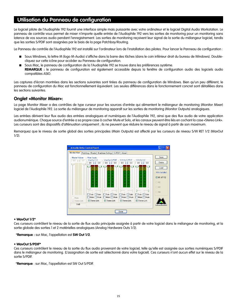 Utilisation du panneau de configuration, Utilisation du panneau de conﬁguration, Onglet «monitor mixer | Audiophile Systems 192 User Manual | Page 26 / 88