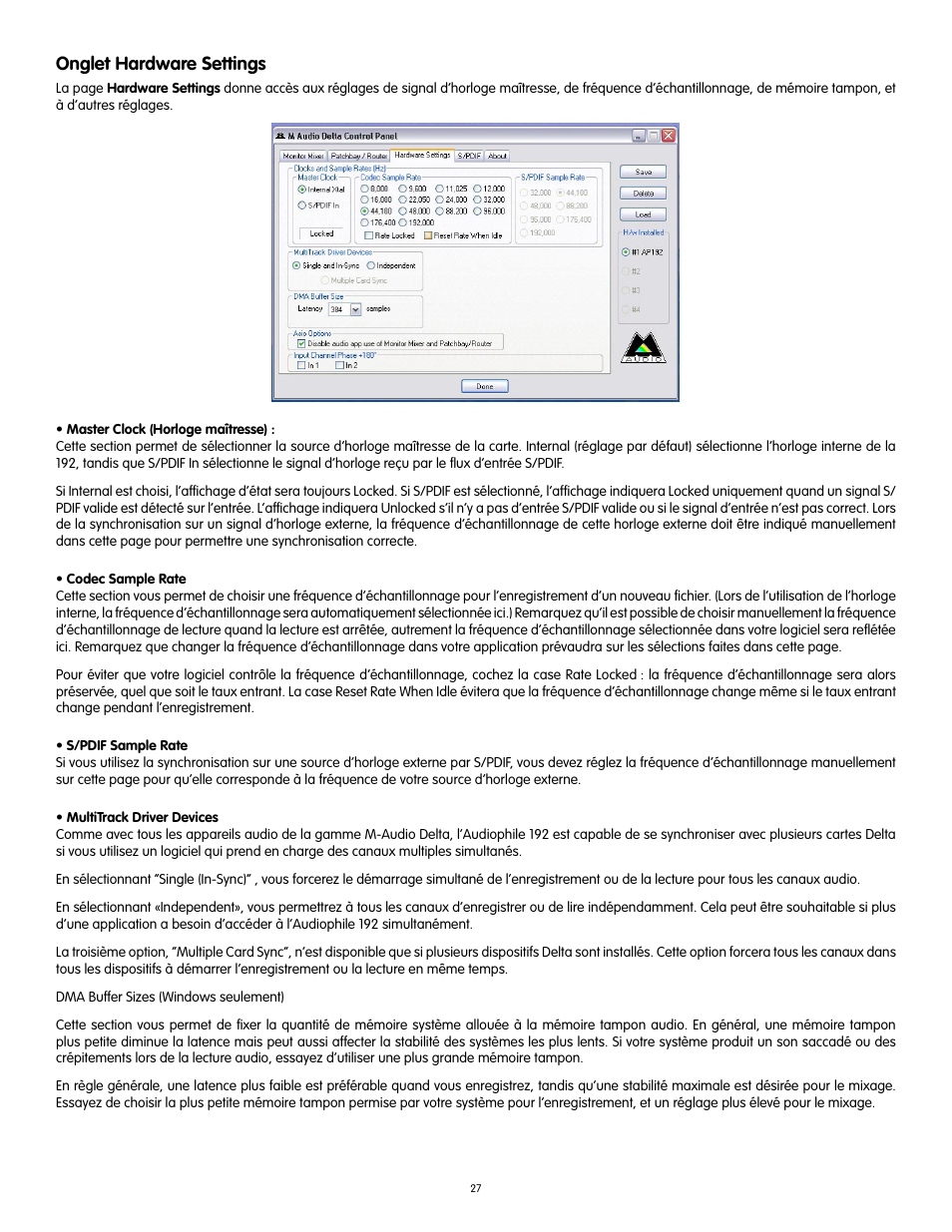 Onglet hardware settings | Audiophile Systems 192 User Manual | Page 28 / 88
