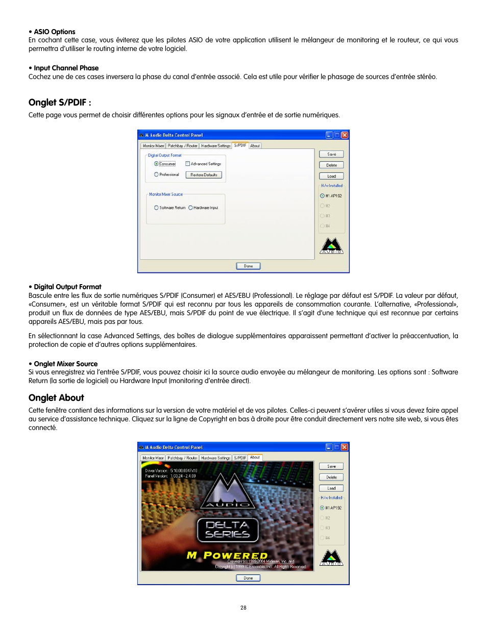 Onglet s/pdif, Onglet about | Audiophile Systems 192 User Manual | Page 29 / 88