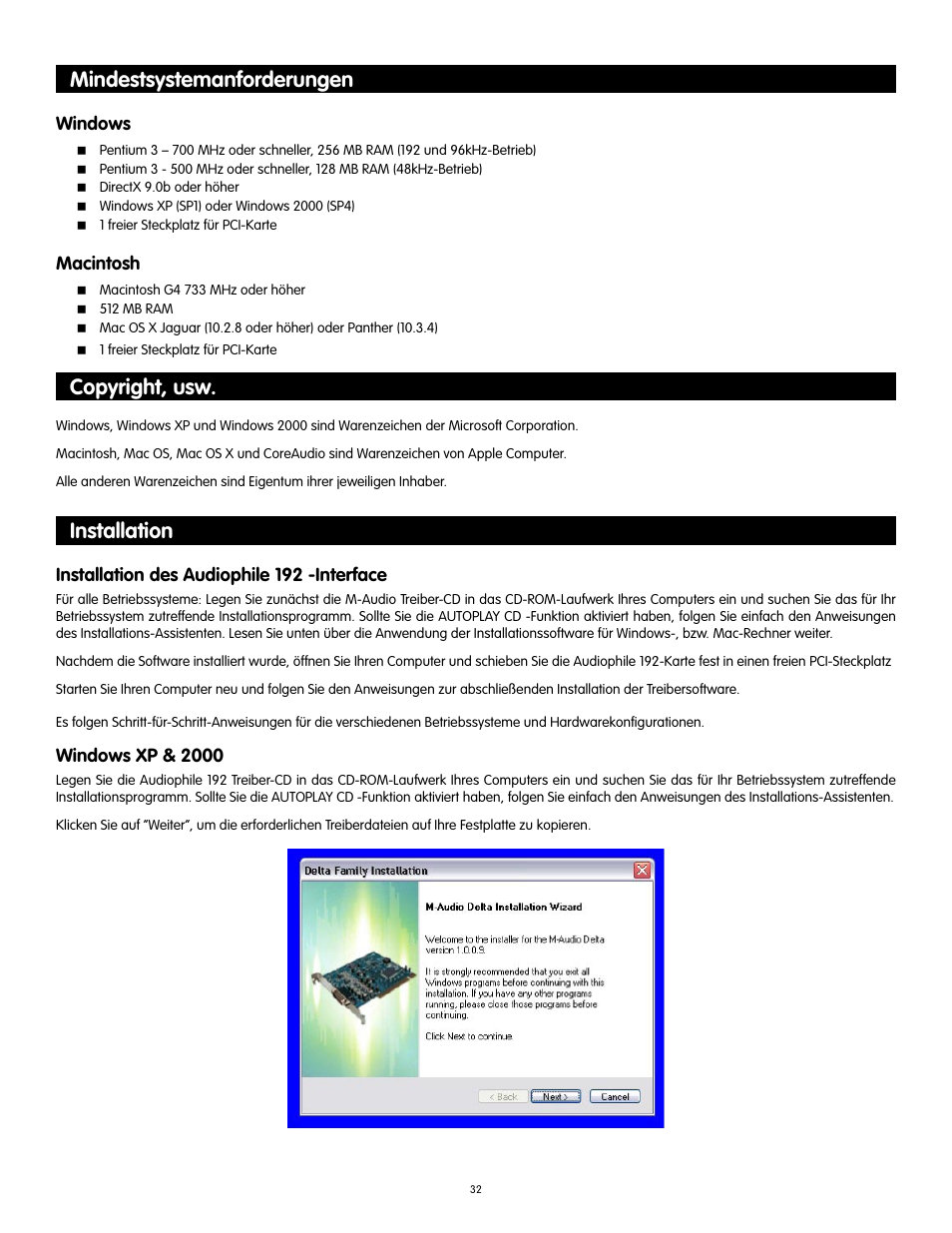 Mindestsystemanforderungen, Copyright, usw, Installation | Audiophile Systems 192 User Manual | Page 33 / 88