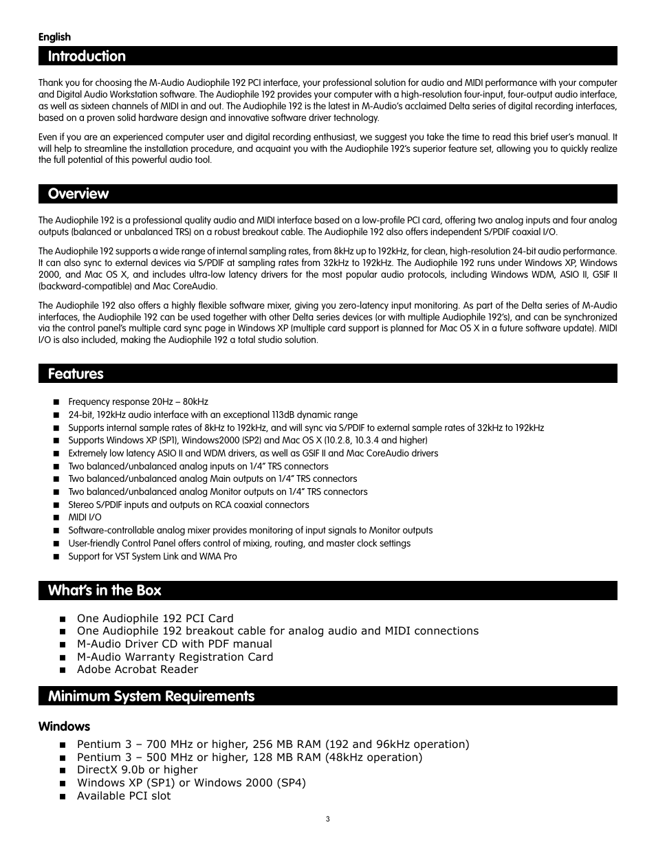 English, Introduction, Overview | Features, What’s in the box, Minimum system requirements | Audiophile Systems 192 User Manual | Page 4 / 88