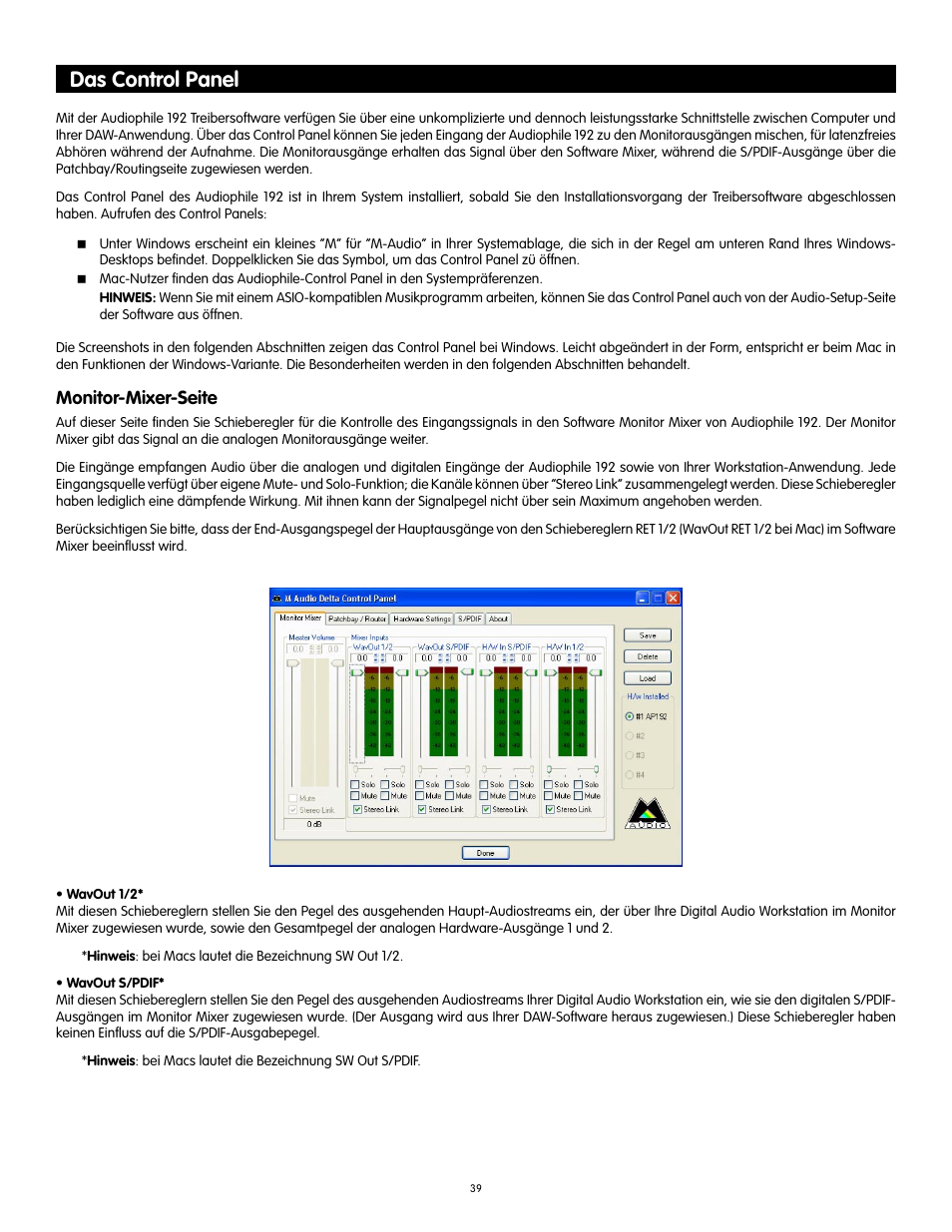 Das control panel, Monitor-mixer-seite | Audiophile Systems 192 User Manual | Page 40 / 88