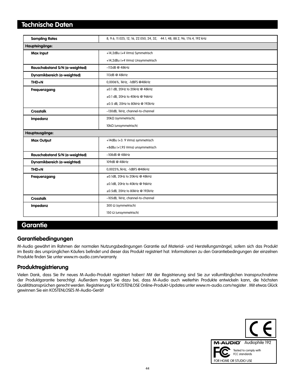 Technische daten, Garantie, Garantiebedingungen | Produktregistrierung | Audiophile Systems 192 User Manual | Page 45 / 88