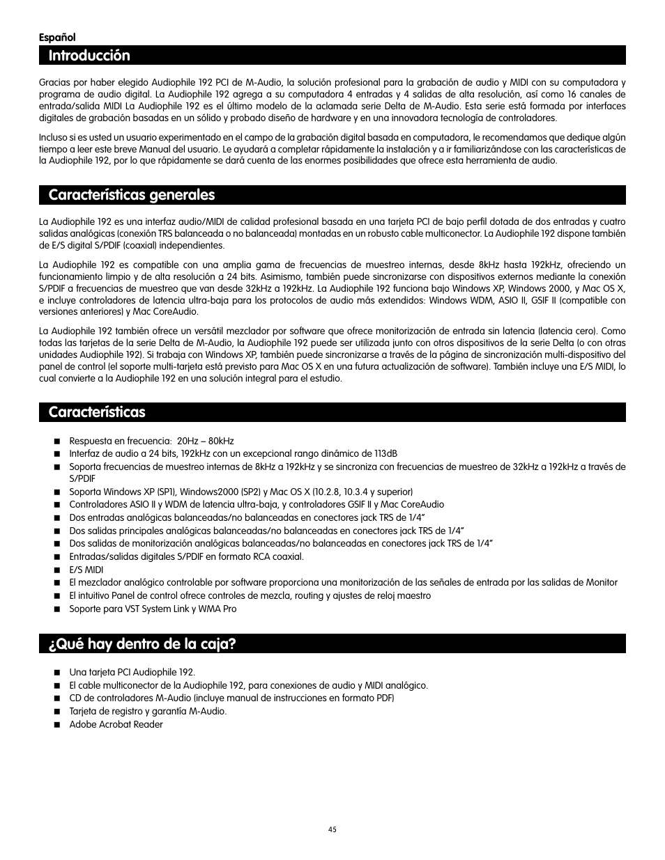 Español, Introducción, Características generales | Características, Qué hay dentro de la caja | Audiophile Systems 192 User Manual | Page 46 / 88