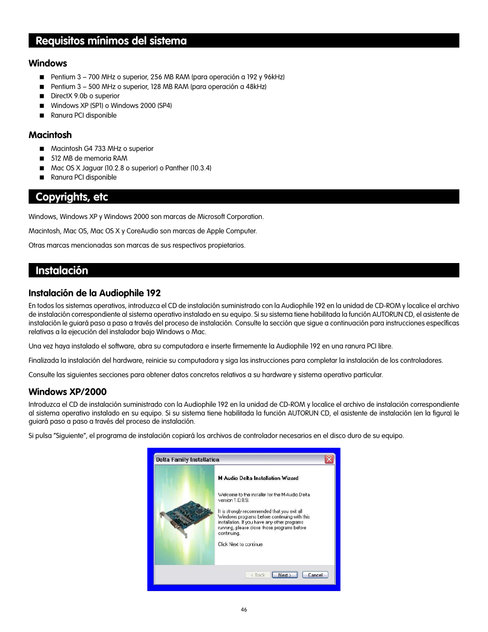 Requisitos mínimos del sistema, Copyrights, etc, Instalación | Audiophile Systems 192 User Manual | Page 47 / 88