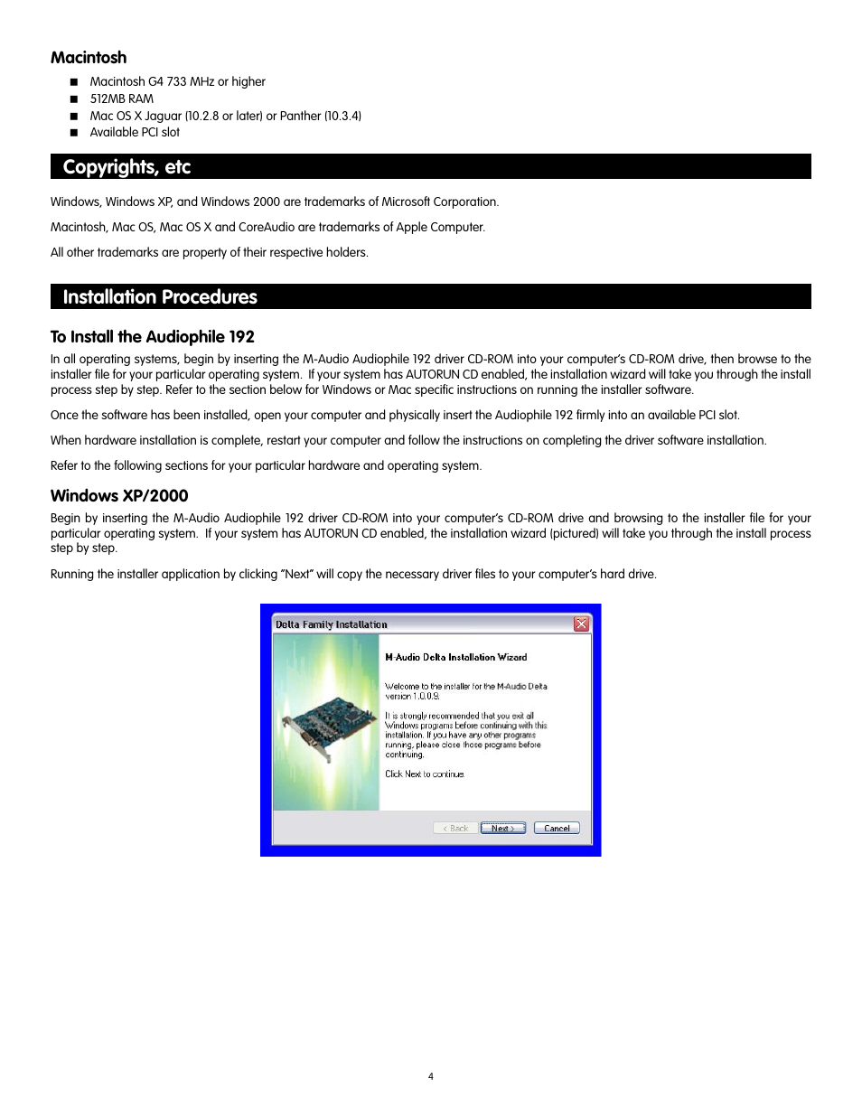 Copyrights, etc, Installation procedures | Audiophile Systems 192 User Manual | Page 5 / 88