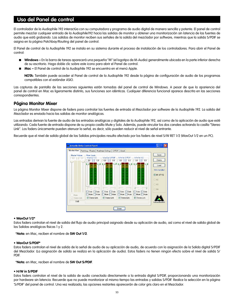 Uso del panel de control, Página monitor mixer | Audiophile Systems 192 User Manual | Page 54 / 88