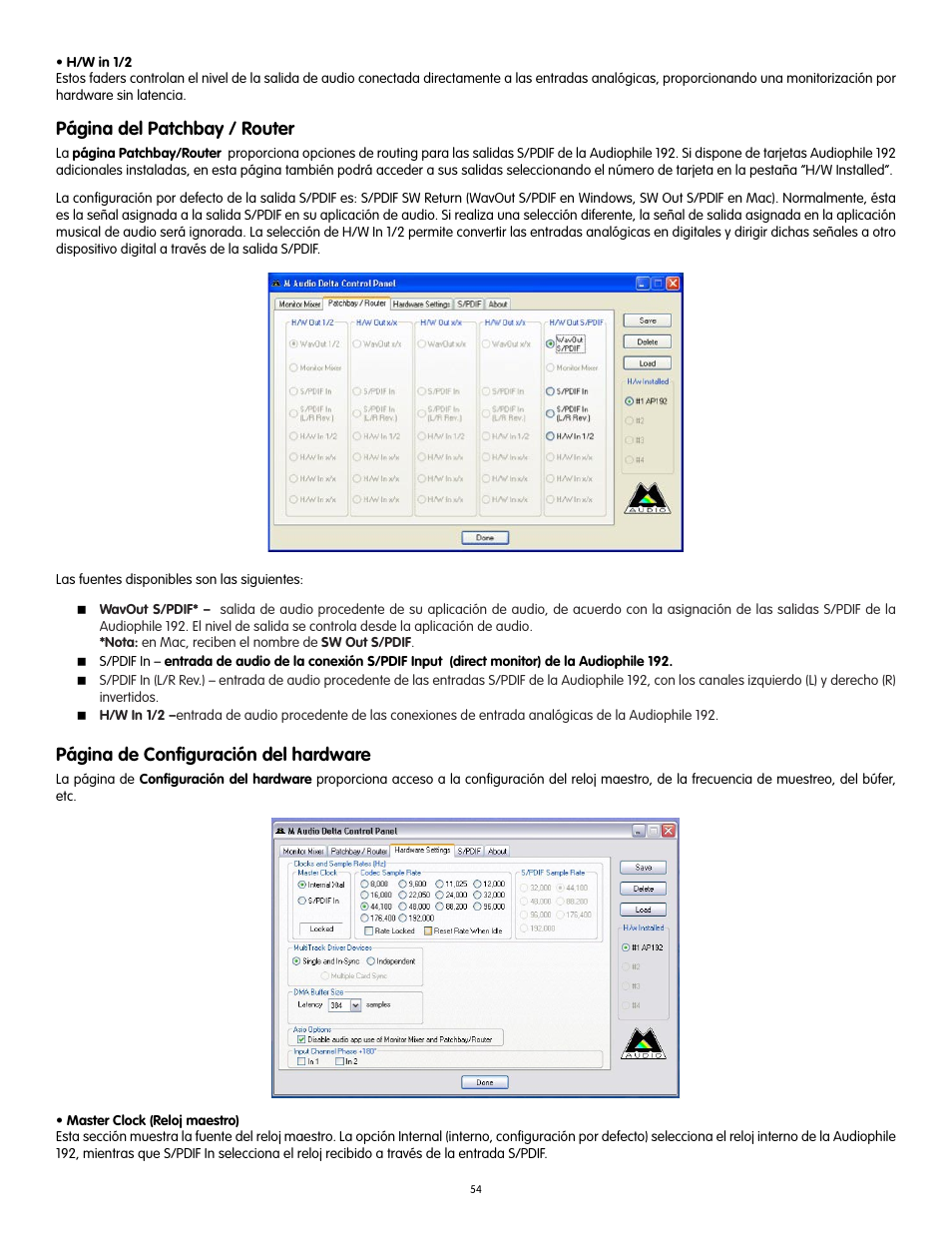 Página del patchbay / router, Página de conﬁguración del hardware | Audiophile Systems 192 User Manual | Page 55 / 88