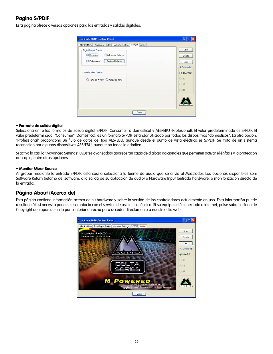 Pagina s/pdif, Página about (acerca de) | Audiophile Systems 192 User Manual | Page 57 / 88