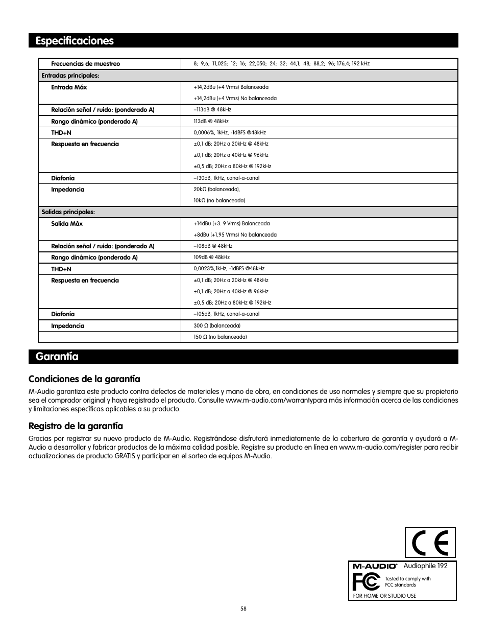 Especificaciones, Garantía, Especiﬁcaciones | Condiciones de la garantía, Registro de la garantía | Audiophile Systems 192 User Manual | Page 59 / 88