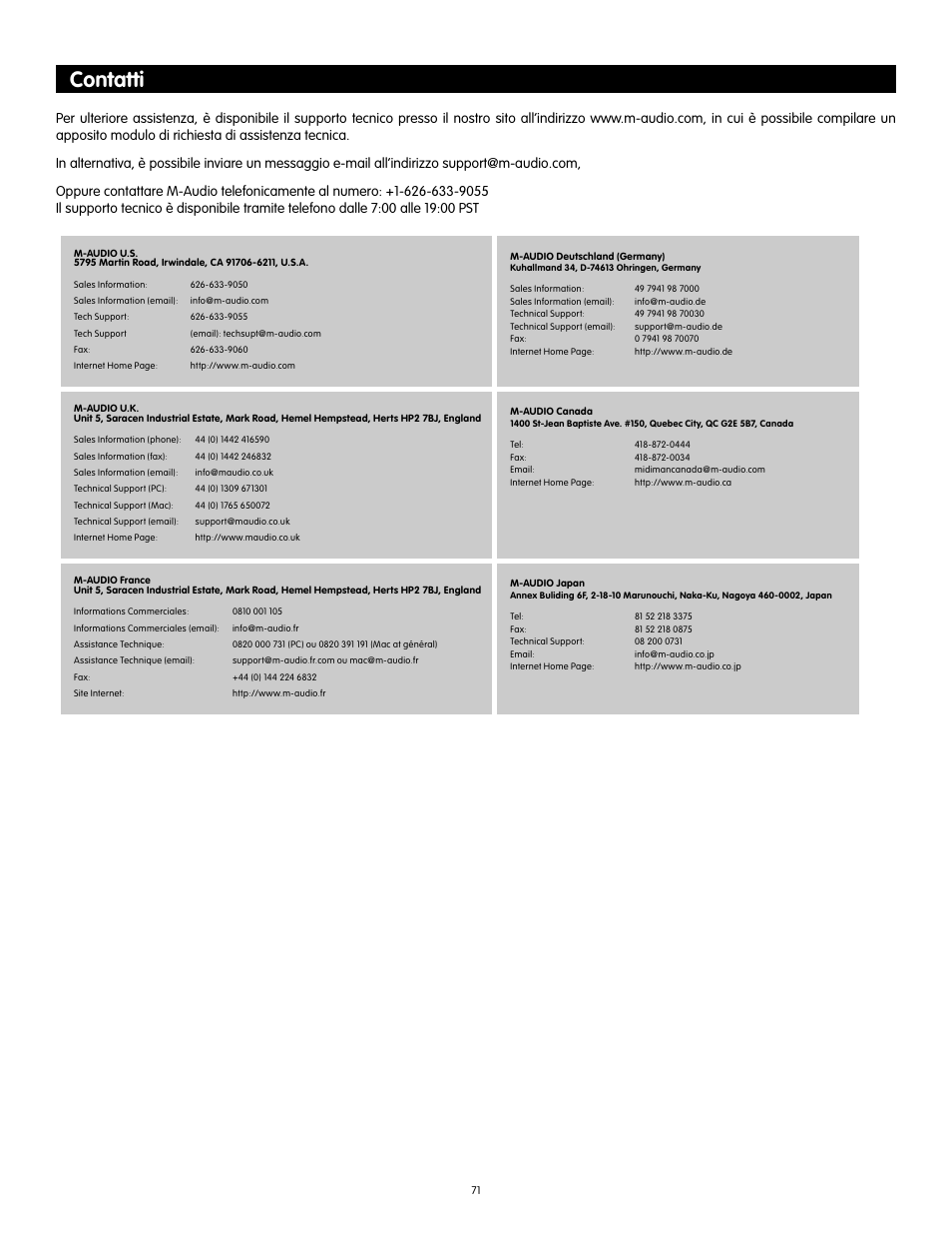 Contatti | Audiophile Systems 192 User Manual | Page 72 / 88