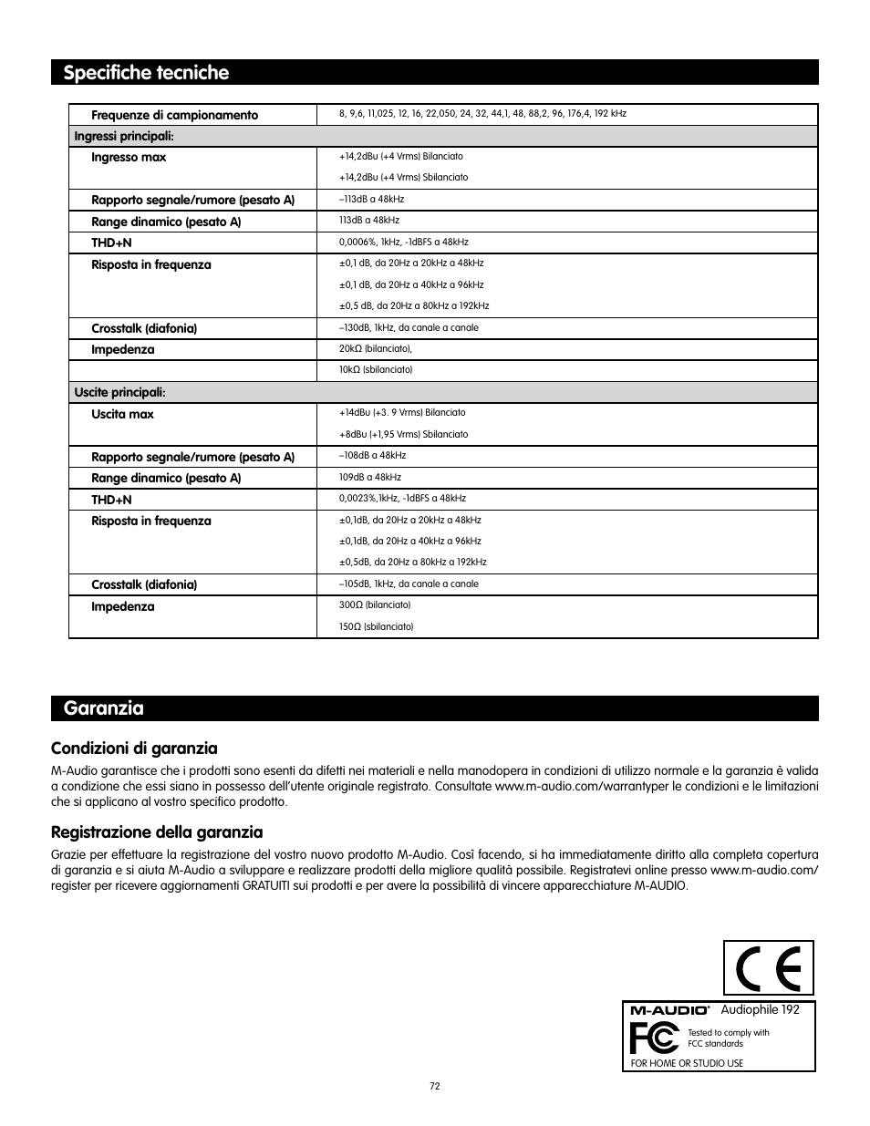 Specifiche tecniche, Garanzia, Speciﬁche tecniche | Condizioni di garanzia, Registrazione della garanzia | Audiophile Systems 192 User Manual | Page 73 / 88