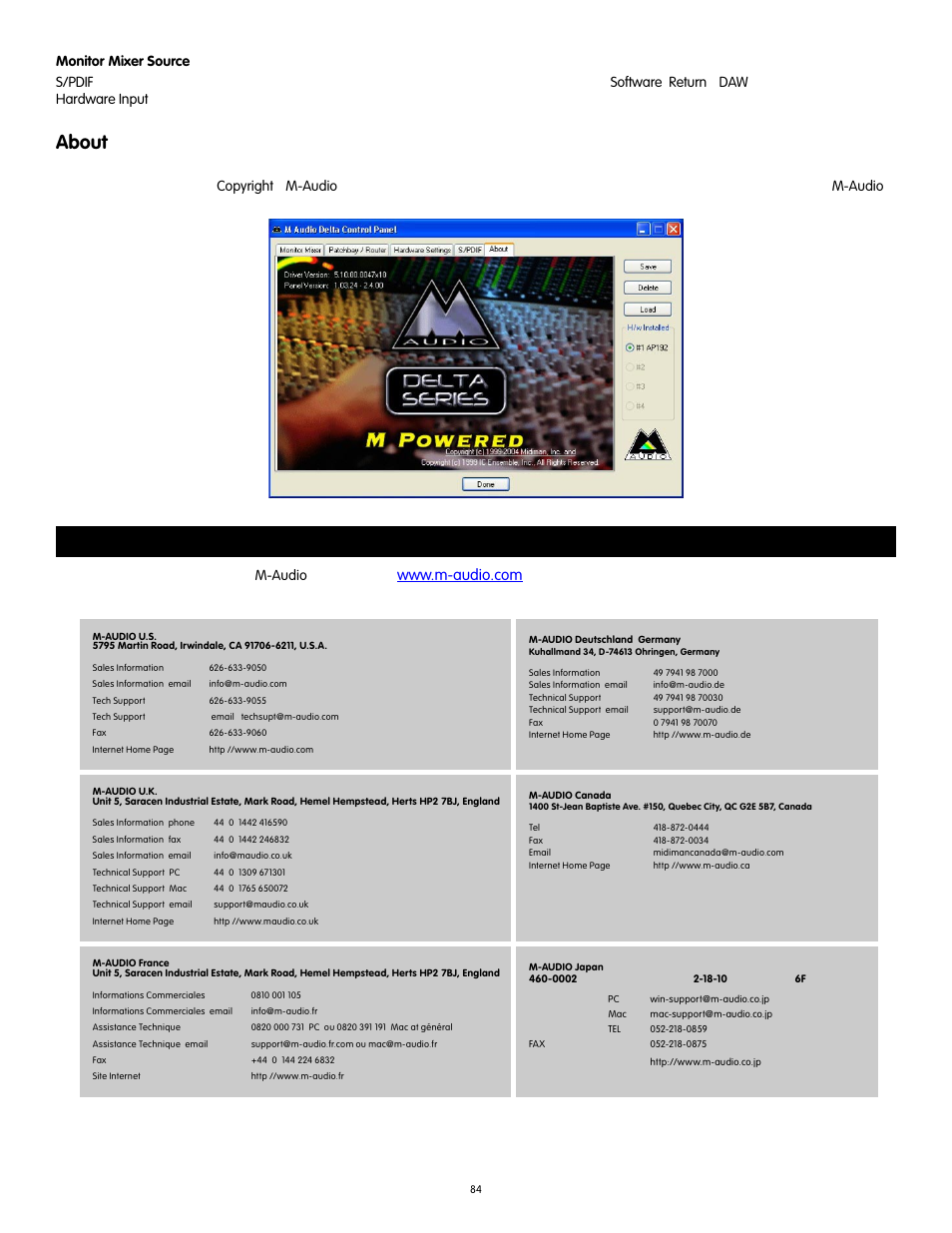 お問い合わせ先, About, Copyright m-audio m-audio m-audio | Audiophile Systems 192 User Manual | Page 85 / 88