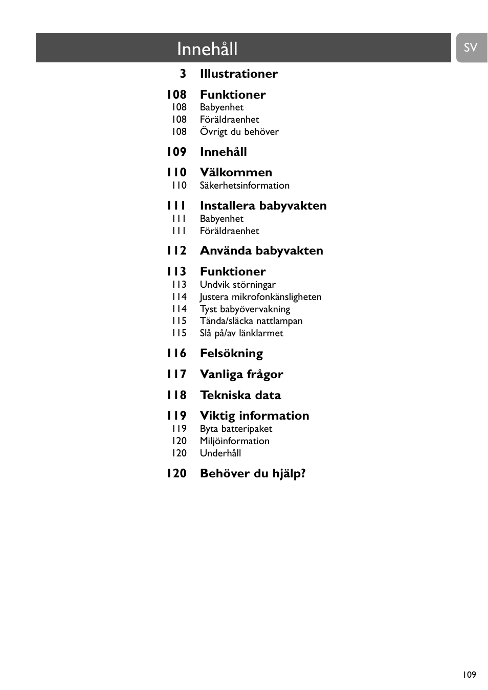 Innehåll | Philips Vigilabebés analógico User Manual | Page 109 / 173