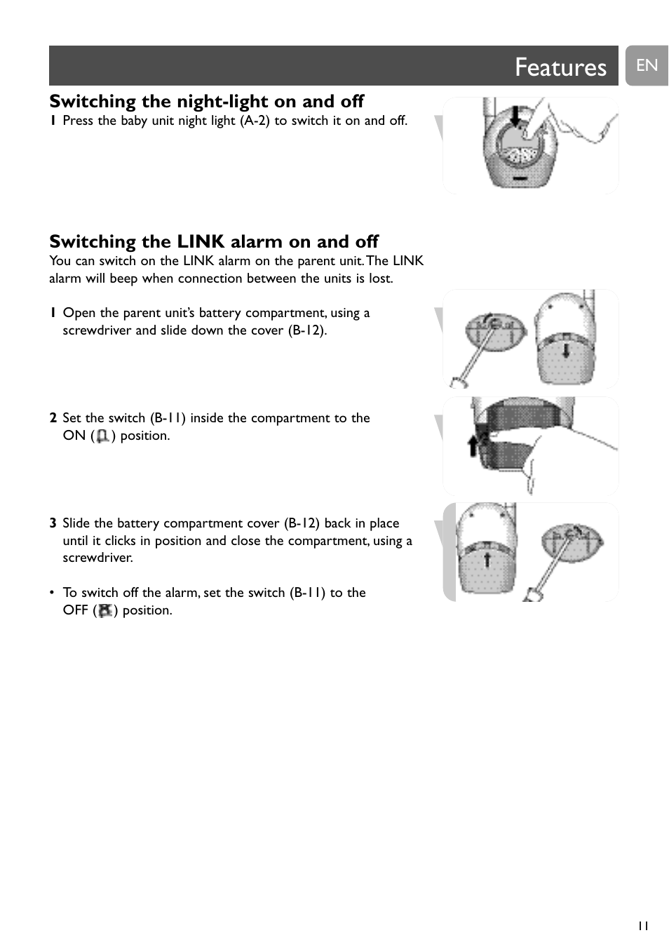 Features, Switching the night-light on and off, Switching the link alarm on and off | Philips Vigilabebés analógico User Manual | Page 11 / 173