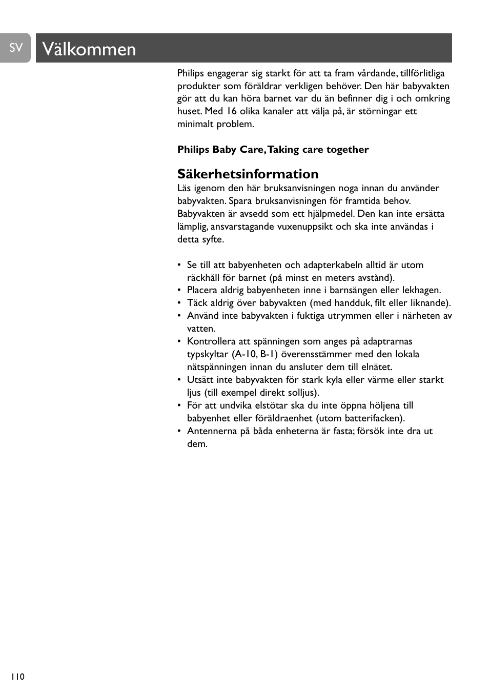 Välkommen, Säkerhetsinformation | Philips Vigilabebés analógico User Manual | Page 110 / 173