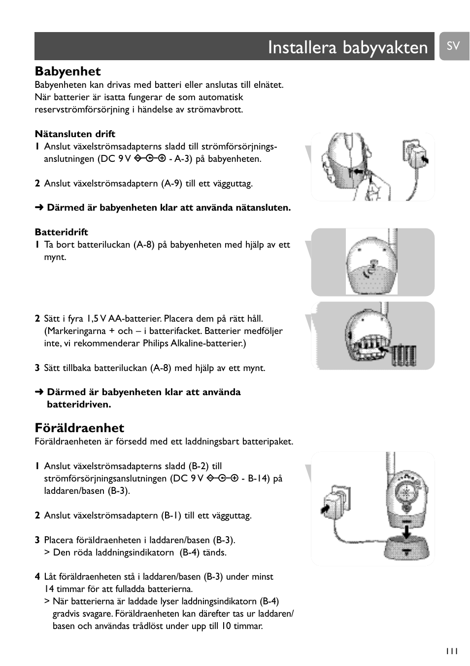 Installera babyvakten, Babyenhet, Föräldraenhet | Philips Vigilabebés analógico User Manual | Page 111 / 173