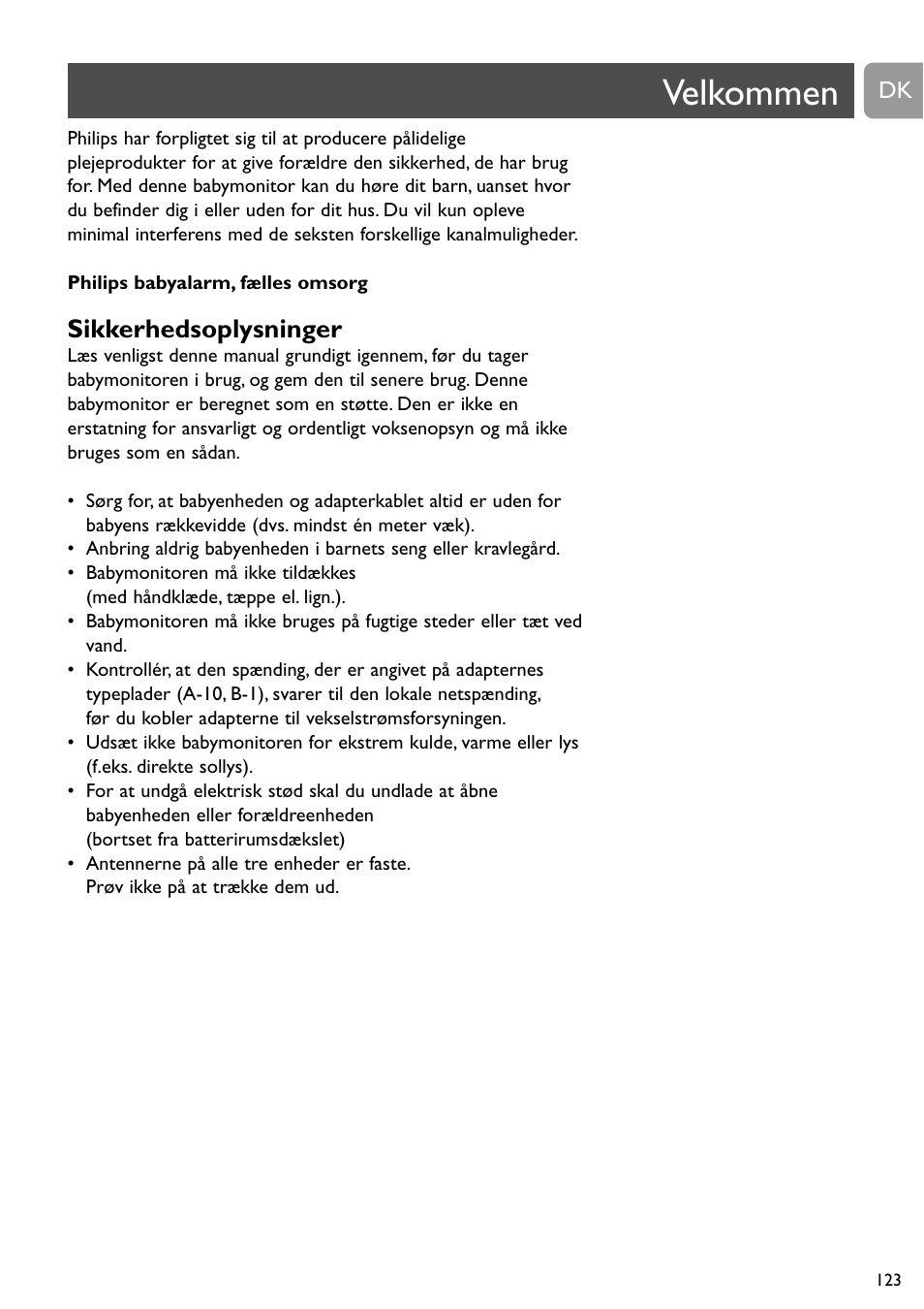 Velkommen, Sikkerhedsoplysninger | Philips Vigilabebés analógico User Manual | Page 123 / 173