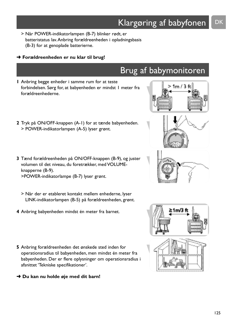 Klargøring af babyfonen, Brug af babymonitoren | Philips Vigilabebés analógico User Manual | Page 125 / 173