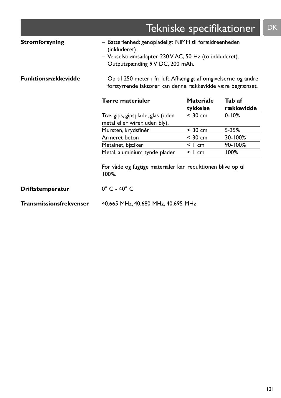 Tekniske specifikationer | Philips Vigilabebés analógico User Manual | Page 131 / 173