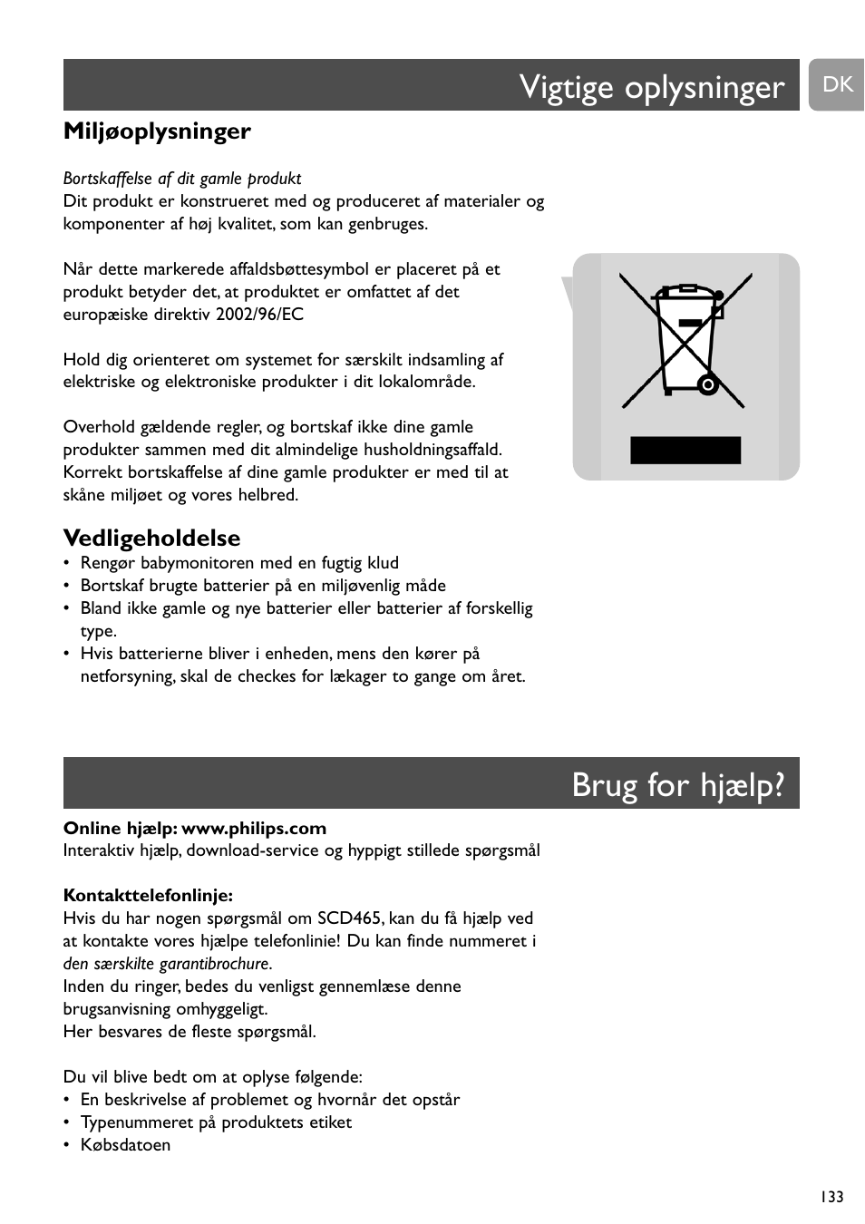 Vigtige oplysninger, Brug for hjælp, Miljøoplysninger | Vedligeholdelse | Philips Vigilabebés analógico User Manual | Page 133 / 173