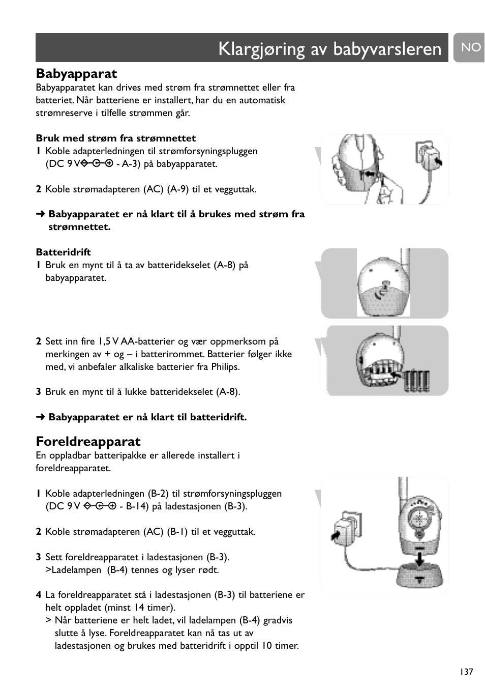 Klargjøring av babyvarsleren, Babyapparat, Foreldreapparat | Philips Vigilabebés analógico User Manual | Page 137 / 173