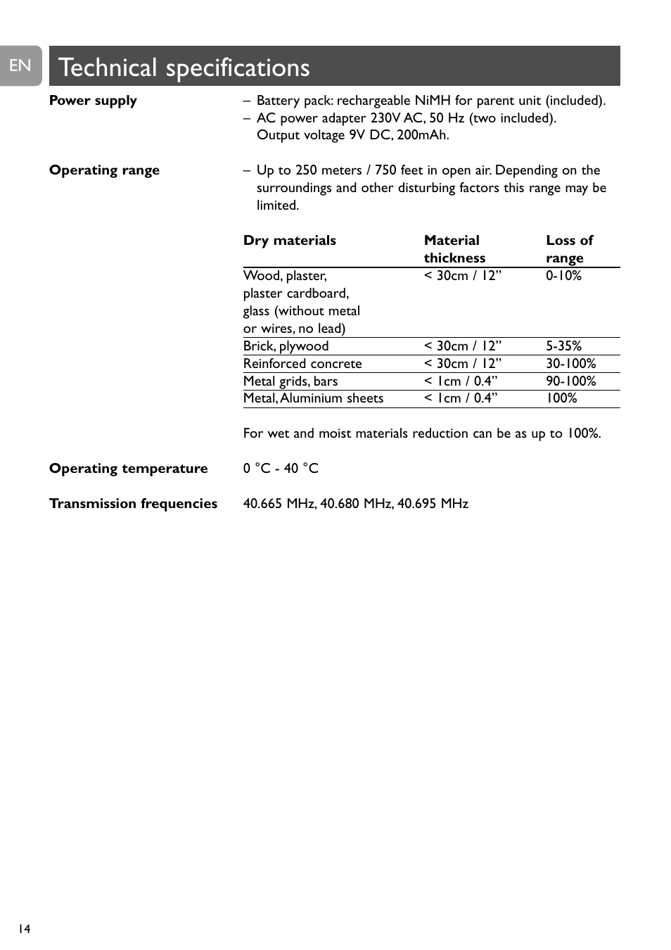 Technical specifications | Philips Vigilabebés analógico User Manual | Page 14 / 173