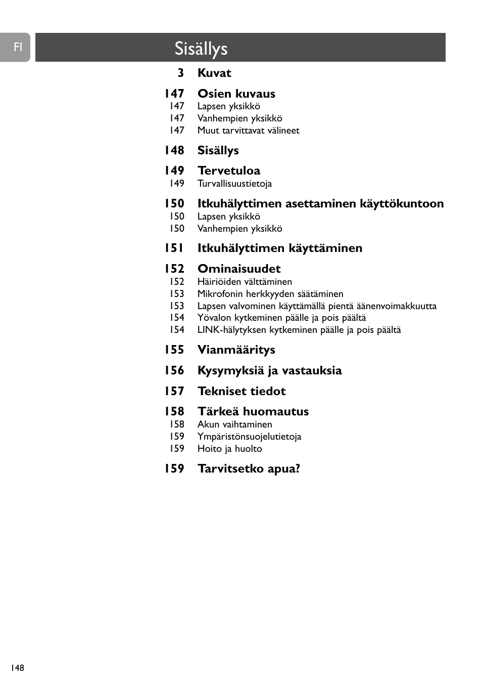 Sisällys | Philips Vigilabebés analógico User Manual | Page 148 / 173