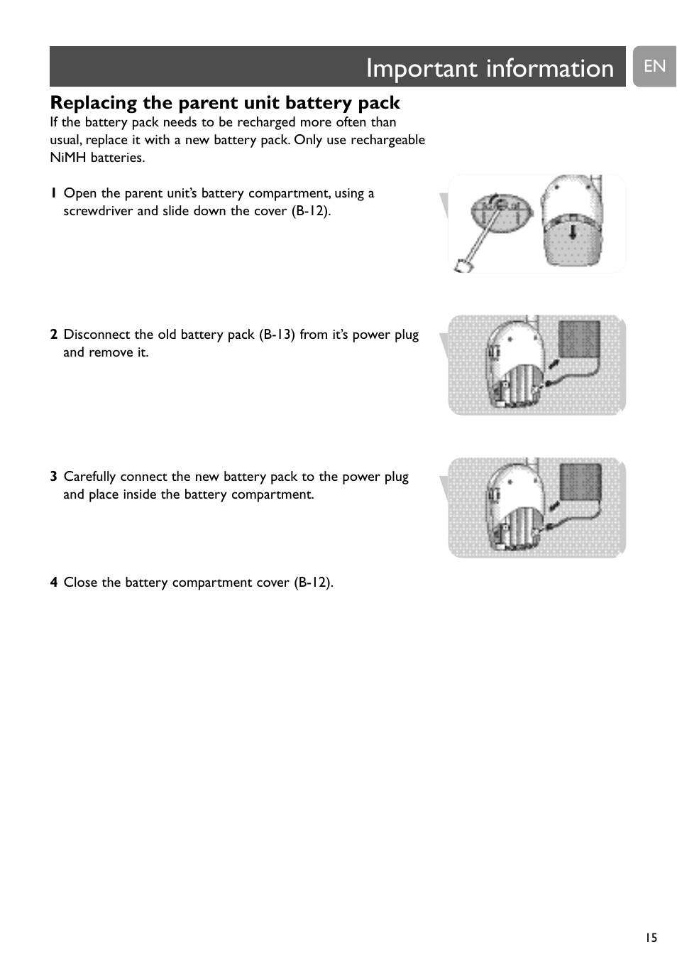 Important information, Replacing the parent unit battery pack | Philips Vigilabebés analógico User Manual | Page 15 / 173