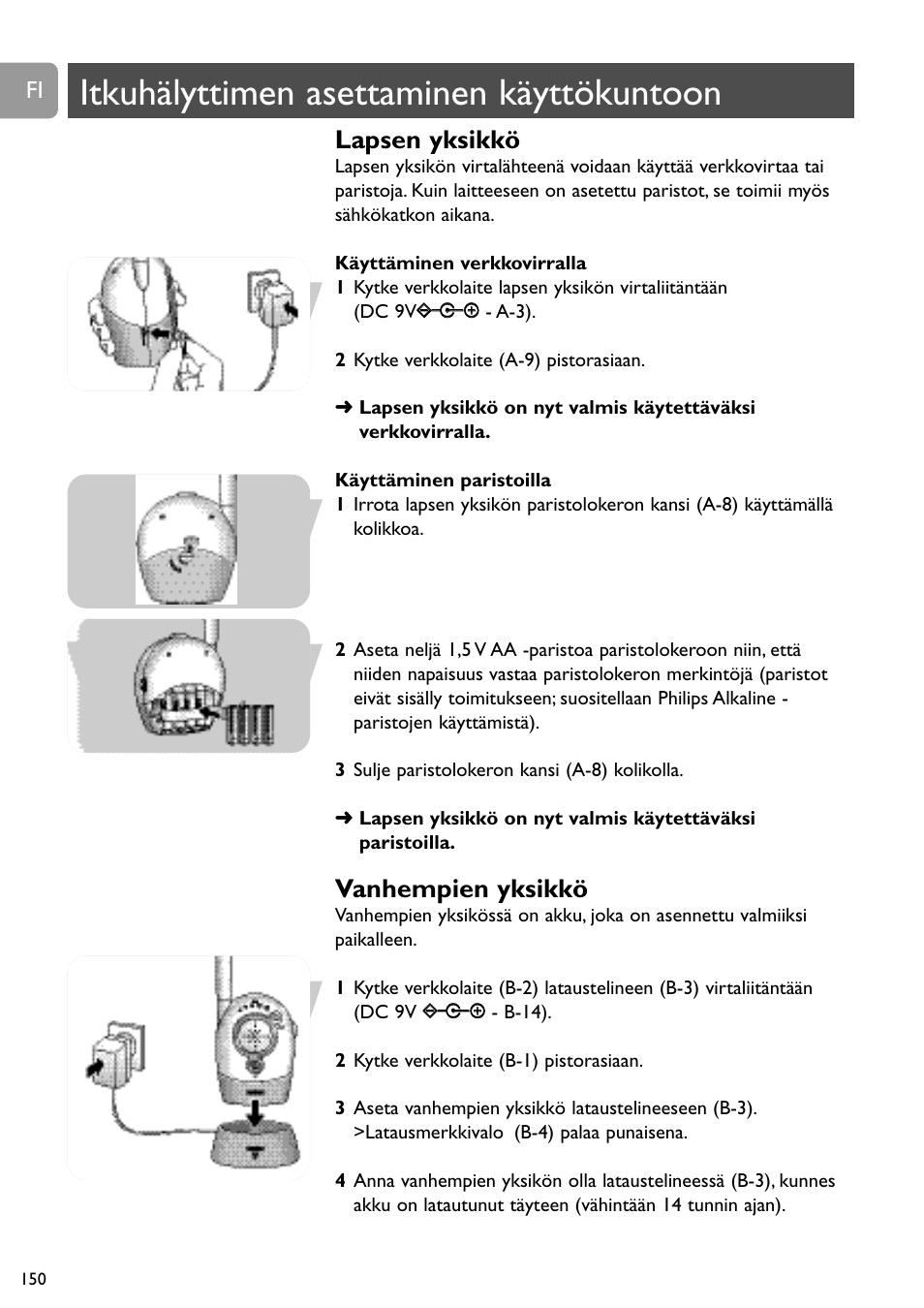 Itkuhälyttimen asettaminen käyttökuntoon, Lapsen yksikkö, Vanhempien yksikkö | Philips Vigilabebés analógico User Manual | Page 150 / 173