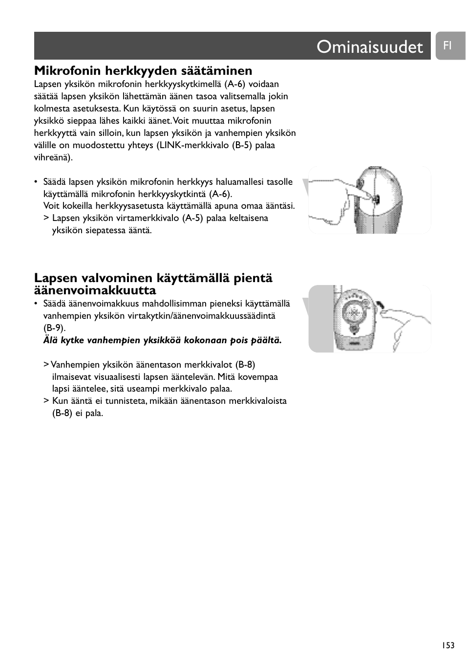 Ominaisuudet, Mikrofonin herkkyyden säätäminen | Philips Vigilabebés analógico User Manual | Page 153 / 173