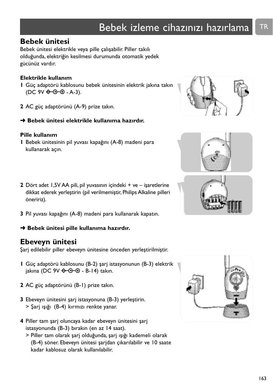 Bebek izleme cihazınızı hazırlama, Bebek ünitesi, Ebeveyn ünitesi | Philips Vigilabebés analógico User Manual | Page 163 / 173