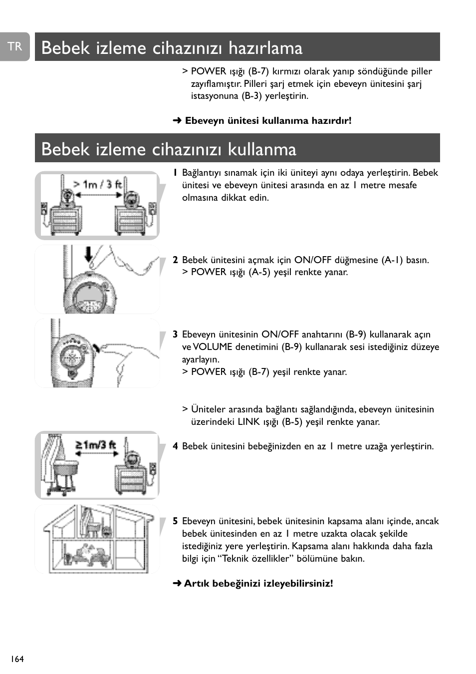Bebek izleme cihazınızı hazırlama, Bebek izleme cihazınızı kullanma | Philips Vigilabebés analógico User Manual | Page 164 / 173