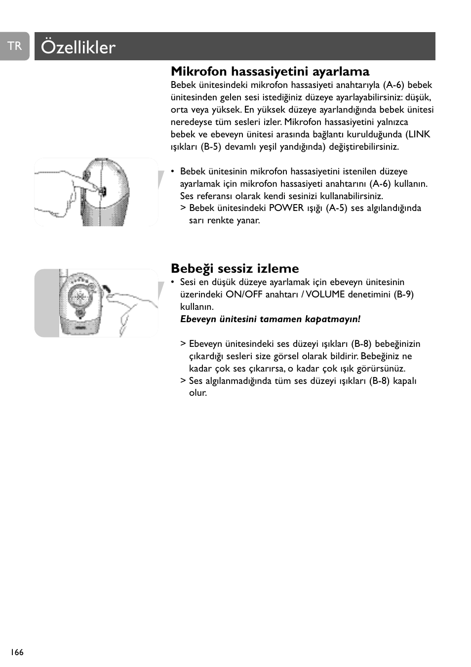 Özellikler, Mikrofon hassasiyetini ayarlama, Bebeği sessiz izleme | Philips Vigilabebés analógico User Manual | Page 166 / 173