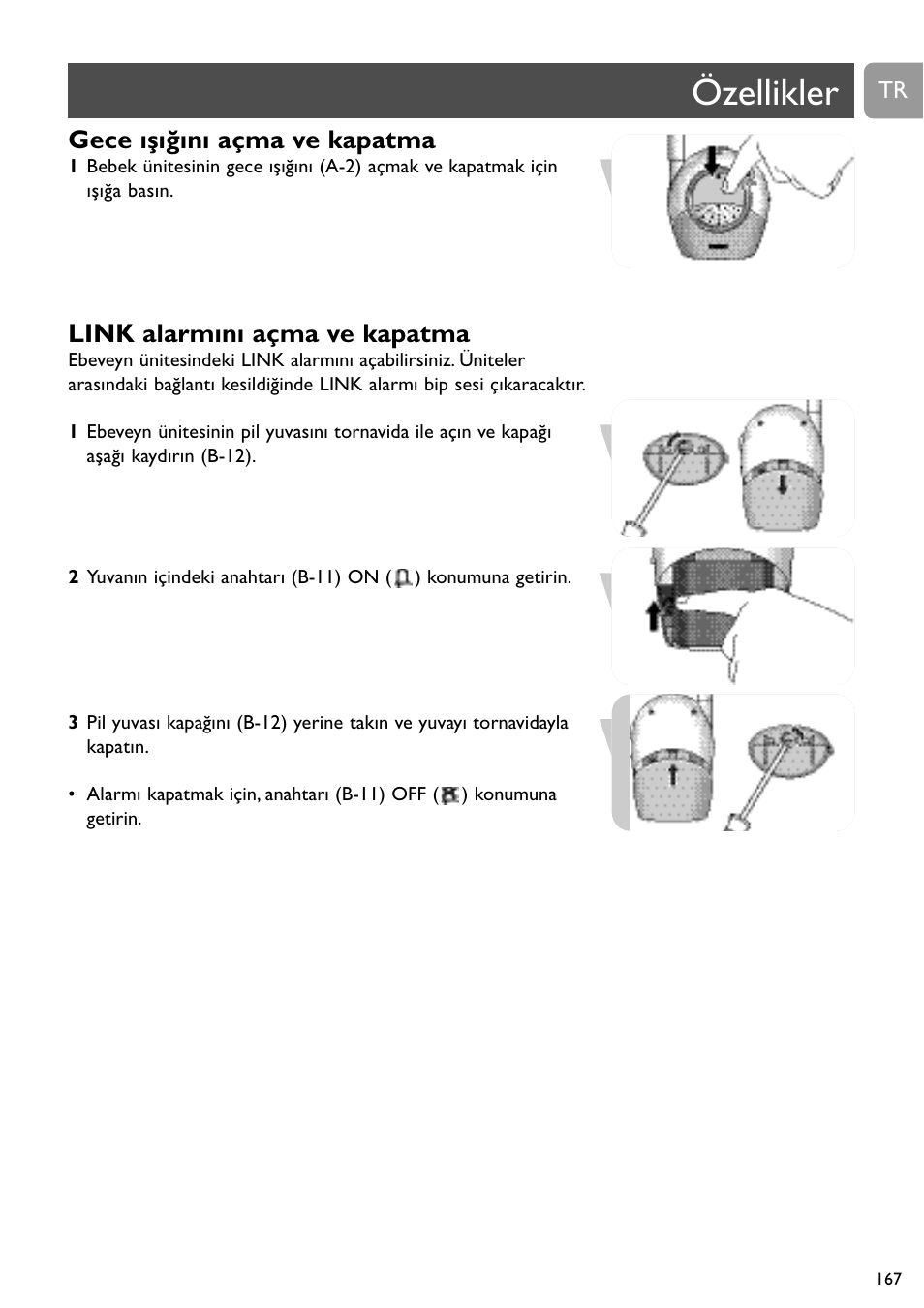 Özellikler, Gece ışığını açma ve kapatma, Link alarmını açma ve kapatma | Philips Vigilabebés analógico User Manual | Page 167 / 173
