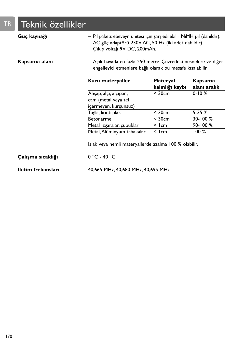 Teknik özellikler | Philips Vigilabebés analógico User Manual | Page 170 / 173