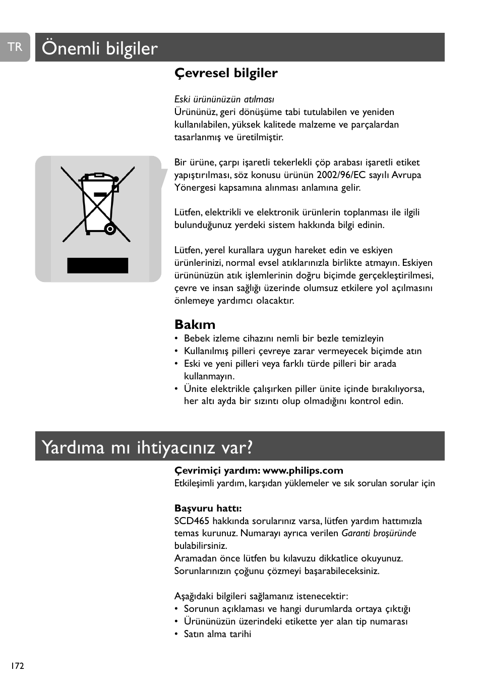 Önemli bilgiler, Yardıma mı ihtiyacınız var, Çevresel bilgiler | Bakım | Philips Vigilabebés analógico User Manual | Page 172 / 173