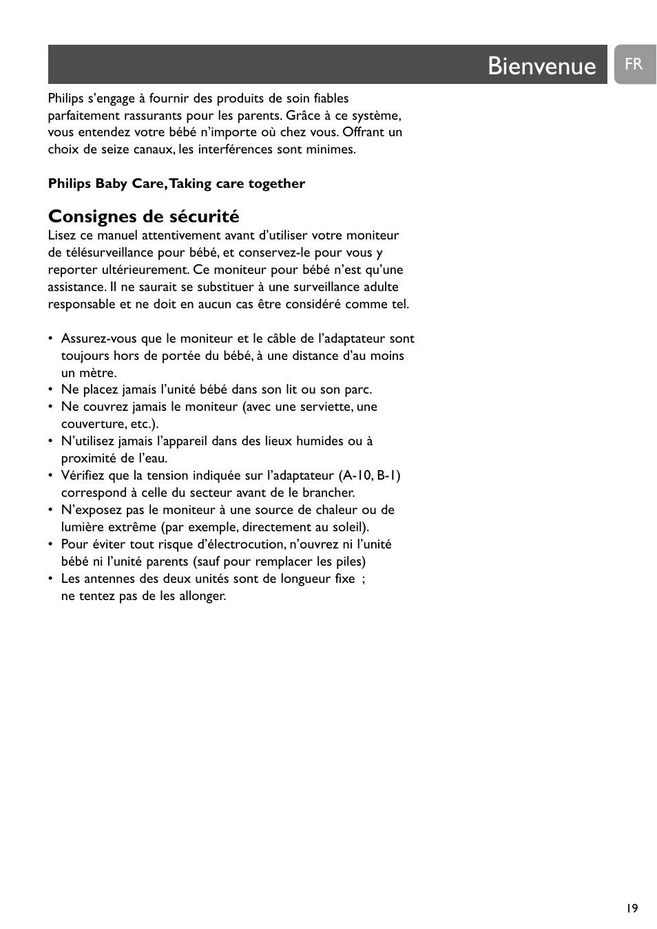 Bienvenue, Consignes de sécurité | Philips Vigilabebés analógico User Manual | Page 19 / 173