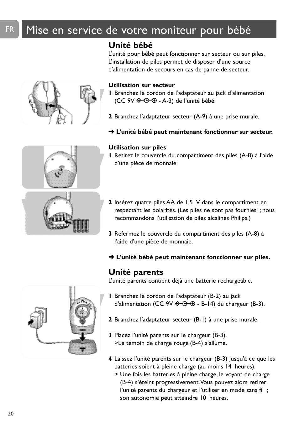 Mise en service de votre moniteur pour bébé, Unité bébé, Unité parents | Philips Vigilabebés analógico User Manual | Page 20 / 173