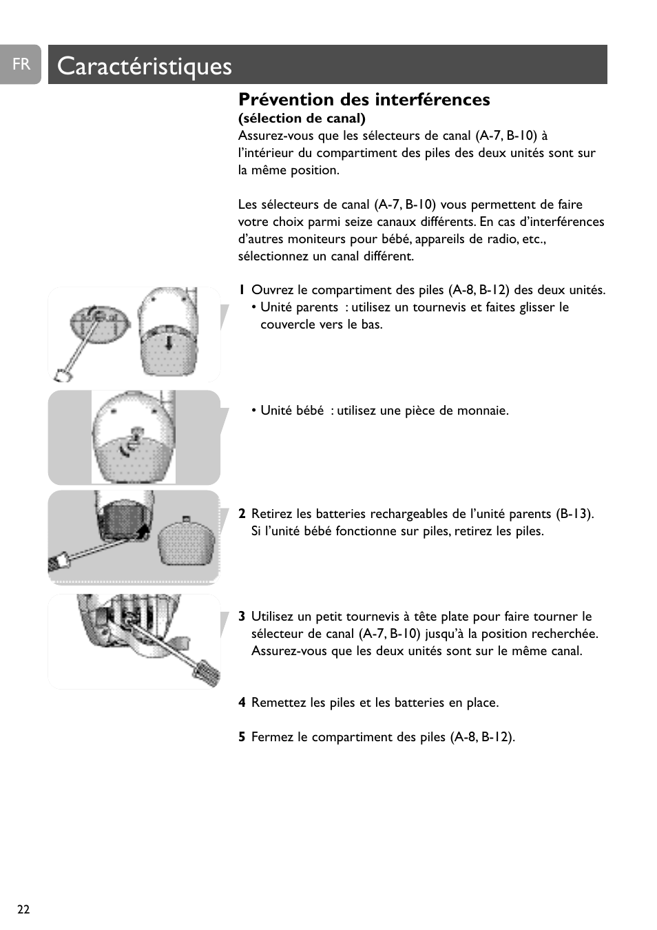 Caractéristiques, Prévention des interférences | Philips Vigilabebés analógico User Manual | Page 22 / 173
