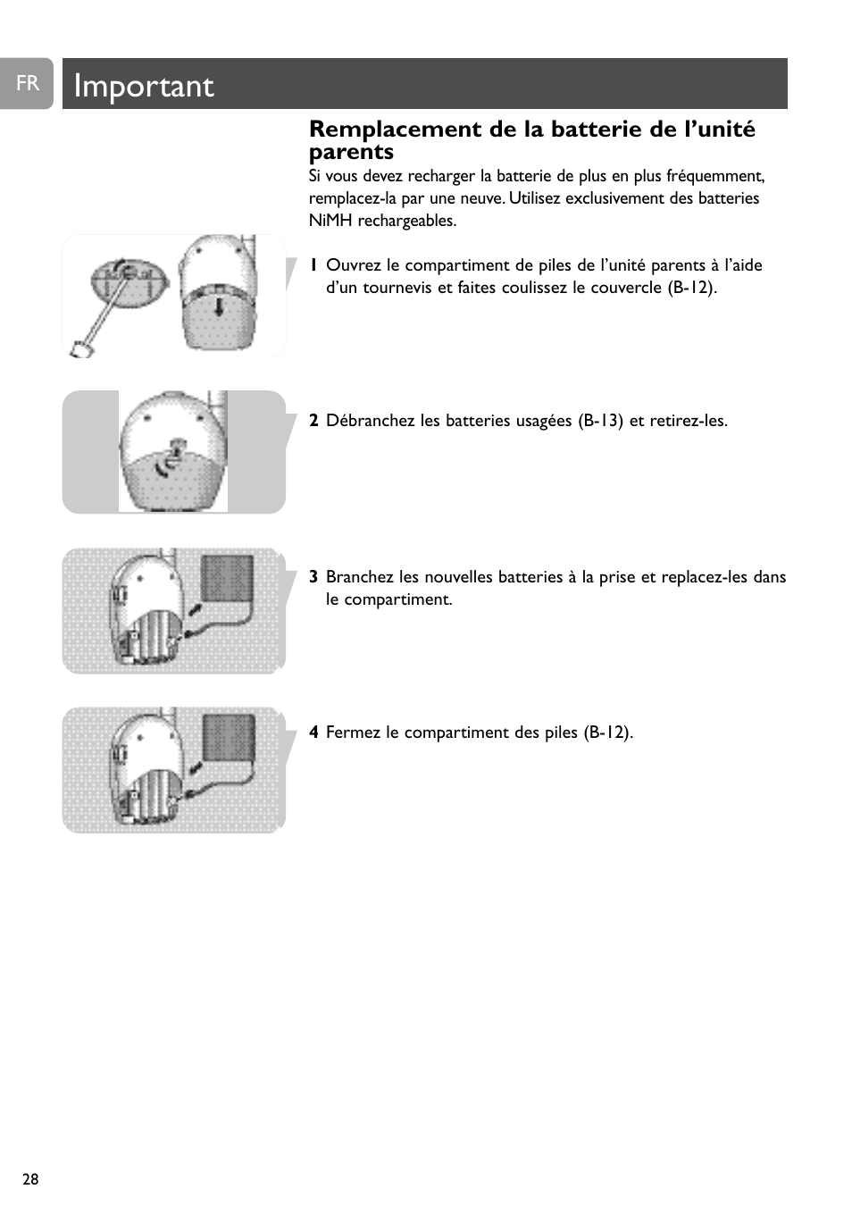 Important, Remplacement de la batterie de l’unité parents | Philips Vigilabebés analógico User Manual | Page 28 / 173
