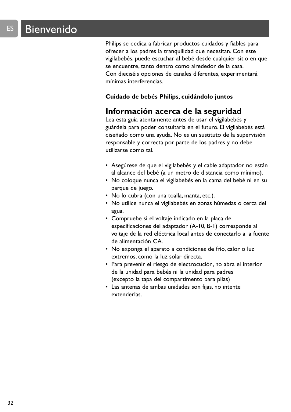 Bienvenido, Información acerca de la seguridad | Philips Vigilabebés analógico User Manual | Page 32 / 173