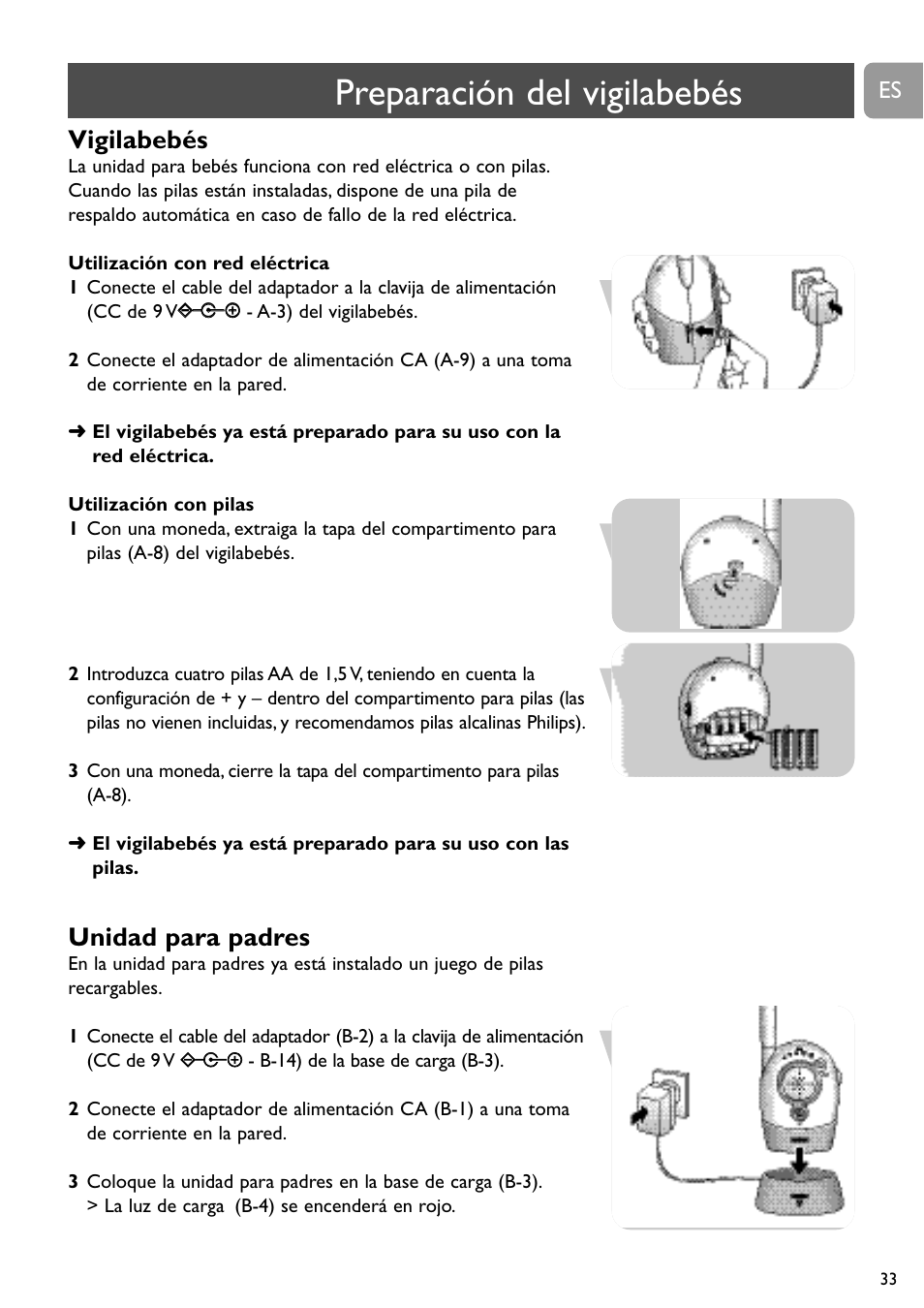 Preparación del vigilabebés, Vigilabebés, Unidad para padres | Philips Vigilabebés analógico User Manual | Page 33 / 173