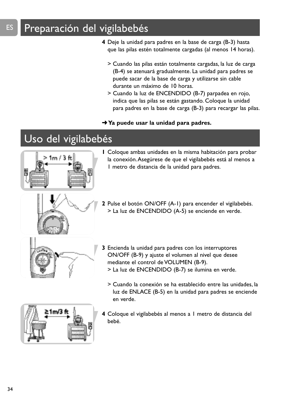 Preparación del vigilabebés, Uso del vigilabebés | Philips Vigilabebés analógico User Manual | Page 34 / 173